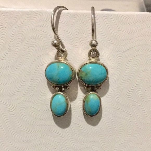 Vintage Sterling Silver Turquoise Double Drop Dangle Earrings - Picture 1 of 5